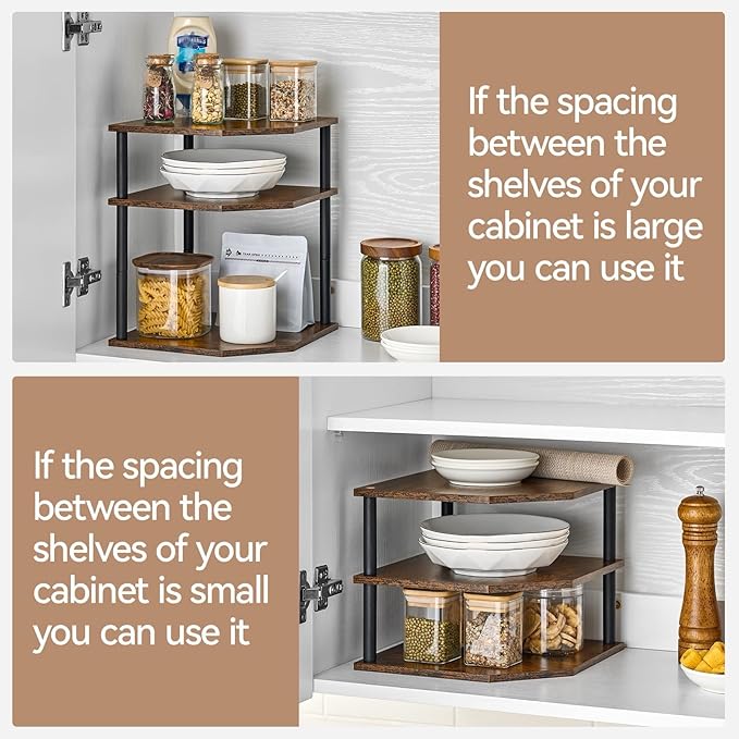 Wooden 3-Tier Corner Shelf, Kitchen Countertop Dish & Bread Organizer Counter Stand Storage for Desktop Bedroom Bathroom Small Space