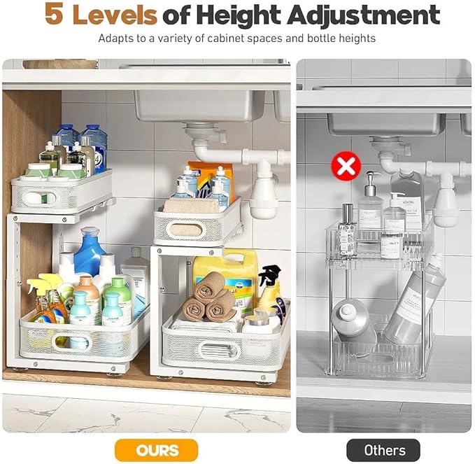 1 Pack 15.7IN-Depth Under Sink Organizer With Smooth Cylindrical Rail,2-Tier Pull Out Multi-Purpose Cabinet Storage for Bathroom&Kitchen,Height Adjustable,Rust-resistant Coating-White