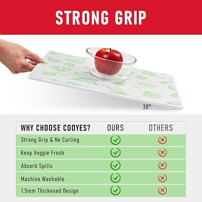 Cooyes Refrigerator Liners, Premium Absorbent Fridge Mats Non-Slip Washable, 12" x 24" Refrigerator Shelf Liners and Mats for Glass Shelves & Kitchen Cabinets, Non-Adhesive(6 PCS Green Veggie)