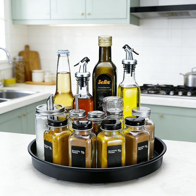 Amolliar Lazy Susan Turntable Organizer, Rotating Metal Spice Rack for Cabinet, Kitchen, Fridge, Pantry Storage, Condiment Organizer, Tray for Household Purpose, Under Sink Organizer, 10" 2 Pack Black