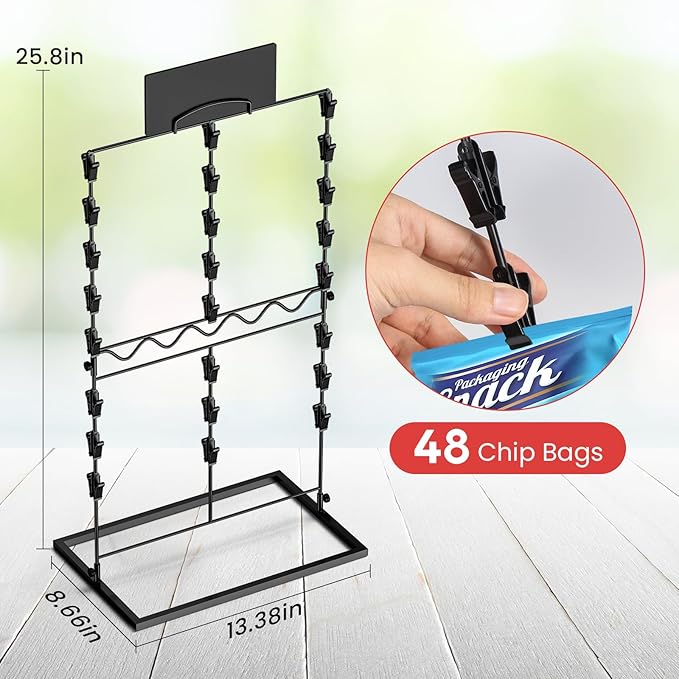 TJ.MOREE Chip Rack Display Stand, Chip Bag Holder for Party Display 3-Row 48 Clips Countertop Snack Hanger, Snack Retail Display Rack
