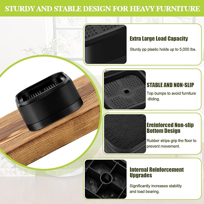 20 Pack Furniture Risers 1, 2 or 3 Inch, Adjustable Bed Risers Heavy Duty For Table Desk Couch Chair Sofa Cabinet Bed Legs Dorm, Square Stackable Bed Raisers Blocks Lift Height 1", 2" or 3", Black
