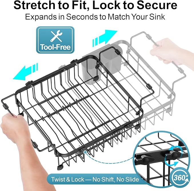 GSlife Over The Sink Dish Drying Rack - Capacity Expandable in Sink Dish Drying Rack with Lock Knob and Utensil Holder, 12.2"-17.3" L x 12.6" W, Black