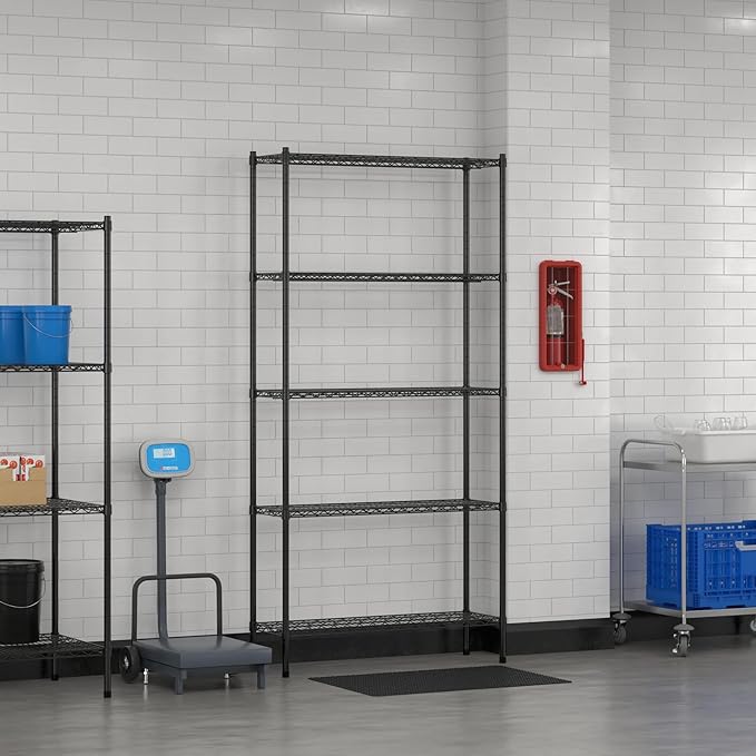 Commercial NSF Listed Black Epoxy Stationary Wire Shelving Kit 14" x 42" x 86", with 5 Shelves Perfect for Warehouse, Walk-in Refrigerator, Freezer, Grocery Store, Restaurant, Dishroom