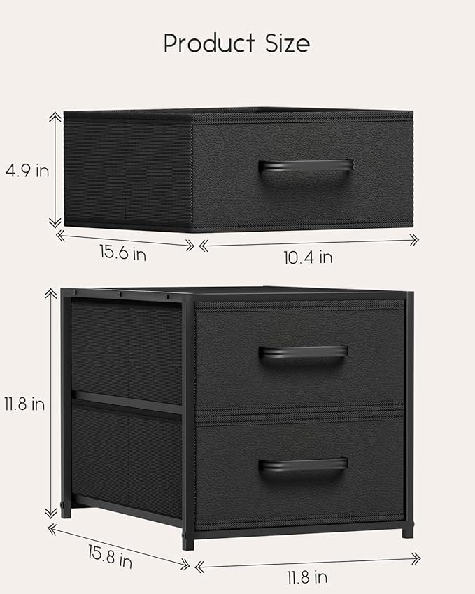 Stackable Storage Drawers - 2 Tier Closet Drawers, Closet Organizer with Metal Handles, Night Stand with Collapsible Bins, Fabric Dresser for Bedroom, Dorm, Office, Black, 1 Pack