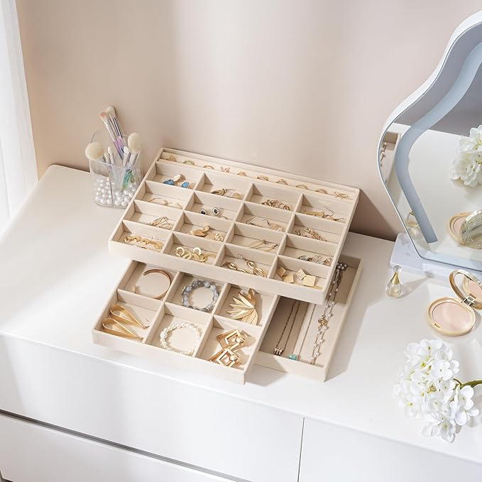 ProCase Stackable Large Jewelry Drawer Organizer, 3 Pack Velvet Jewelry Organizer Tray with Removable Dividers for Earring Necklace Bracelet -Beige