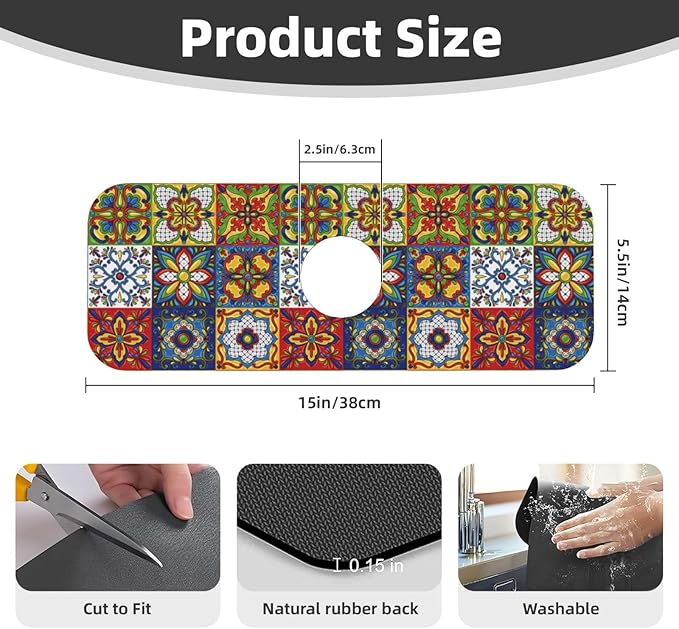 Talavera Mexican Tiles Mexico Kitchen Sink Splash Guard Faucet Mat Super Absorbent Fast Drying Mat Sink Gadgets-Fast Drying Pad Sink Mat For Kitchen Bathroom (15" X 5.5" )