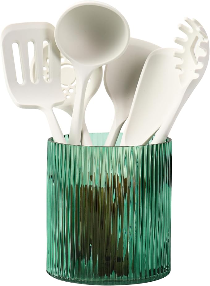 Green Utensil Holder, 6.3" Glass Kitchen Utensil Holder for Countertop, Large Cooking Utensil Holders for Kitchen Counter, Utensil Crocks for Farmhouse Decor