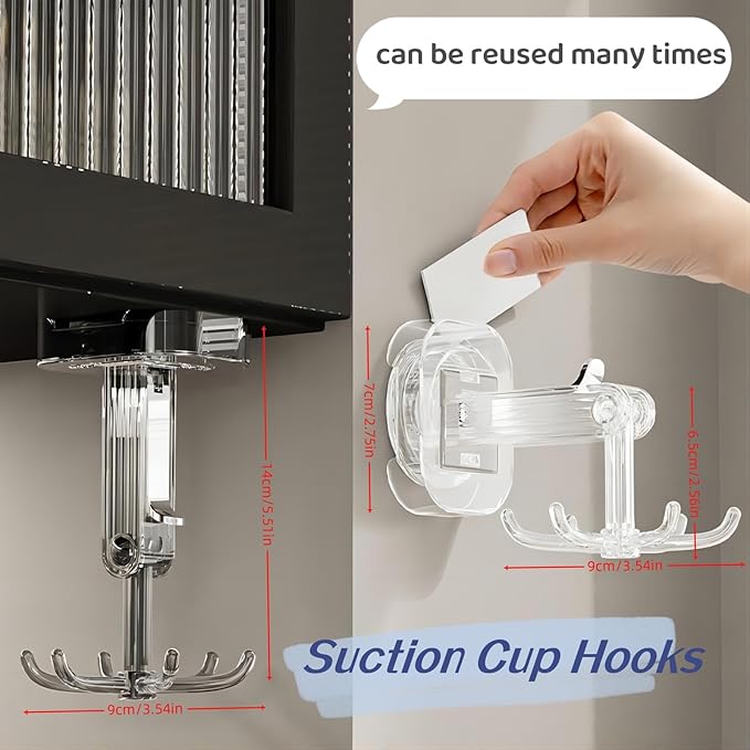Hanging Utensil Holder Hooks Kitchen Utensil Hanger Wall Mount 360° Rotating Folding Hook Strong Suction Cup Hook Utensil Rack with 6 Hooks for Kitchen Bathroom Cabinet (Transparent Grey)
