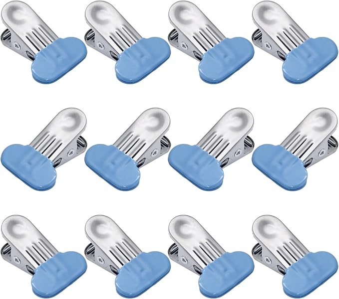 PHITUODA 12 Pack Chip Bag Clips with Silicone Edges, 1.5 Inches Wide Chip Clips Food Clips Bag Clips Stainless Steel Food Bag Clips - Air Tight Seal, Heavy Duty for Kitchen and Office, Blue
