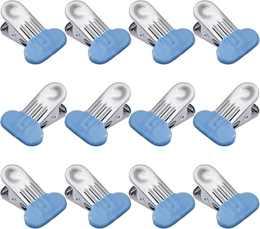 PHITUODA 12 Pack Chip Bag Clips with Silicone Edges, 1.5 Inches Wide Chip Clips Food Clips Bag Clips Stainless Steel Food Bag Clips - Air Tight Seal, Heavy Duty for Kitchen and Office, Blue