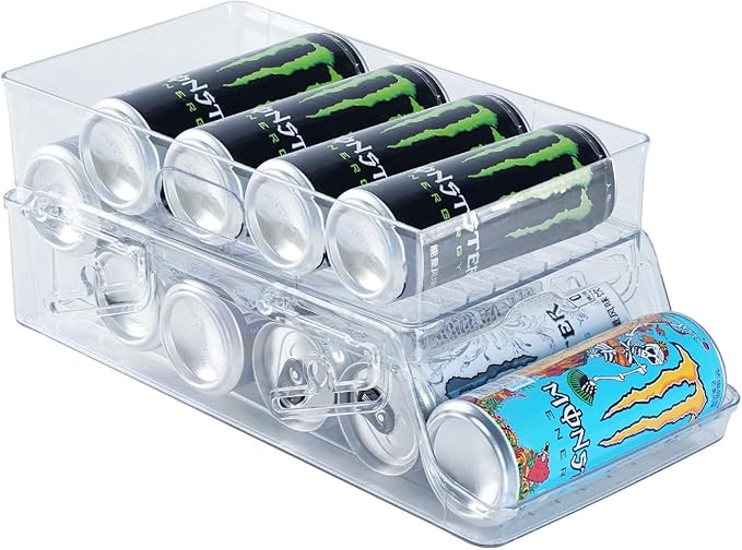 Rolling Soda Can Dispenser for Refrigerator, Stackable Drink Organizer for Fridge, Pop Beverage Holders for Pantry, Freezer, Kitchen, Clear Plastic Cup Holder Storage Bins, Holds 11 Cans