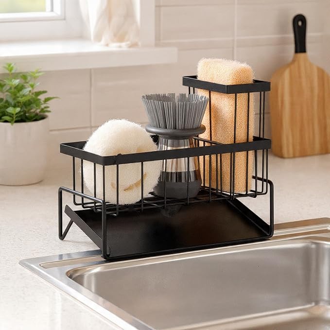 Black Sponge Holder, Kitchen Sink Caddy Organizer, Rustproof with Drip Tray for Soap Dispenser, Brushes & Sponges, Countertop Sponge Dock with Drain Pan
