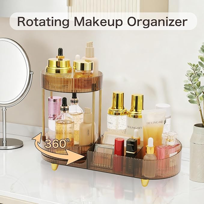 Makeup Organizer Rotating Perfume Tray 5-compartment Cosmetic and Skincare Organizers Makeup Brush Holder for Bathroom Vanity Bedroom Counter Countertop (Brown-Silver Foot Mat)