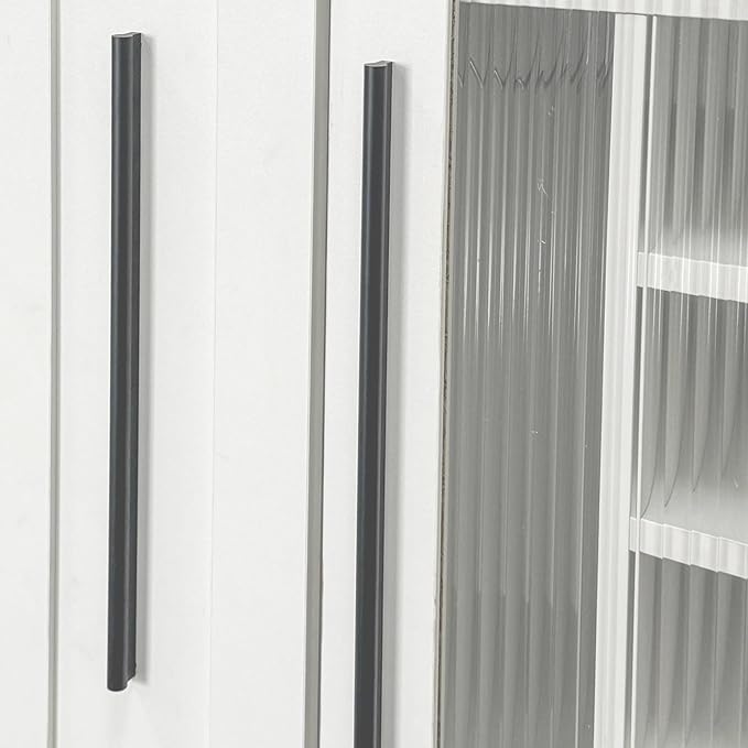 Pull-Out Kitchen Pantry Cabinet with Multi-Tier Shelves, Glass Doors & Spice Rack, Freestanding Wood Hutch Storage Cabinet Next to Refrigerator for Coffee Bar, Dining Room, Narrow Spaces