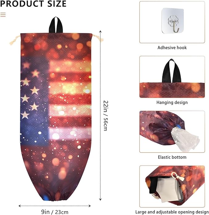 Plastic Bag Holder Wall Mount Grocery Bag Shopping Bag Storage Holder Organizer Dispenser with Adhesive Hook,for Kitchen Bathroom Home Decor 9x22 Inches July 4th Abstract Blurry Flag Red37