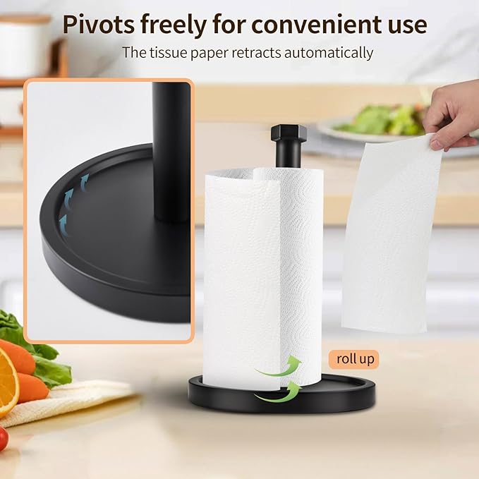 Paper Towel Holder Countertop, Stainless Steel Paper Towel Holder -Weighted Base, One-Handed Tear, Black Kitchen Roll Holder, Non-Slip Protect The countertop-New Black