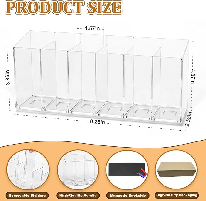 Drink Packet Organizer, Adhesive & Magnetic Water Packet Holder with Removable Divider & 6 Compartment, Clear Acrylic Water Flavor Packet Organization Container for Kitchen Bins Cabinets Organizer