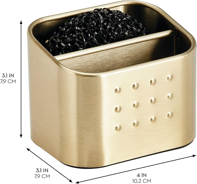iDesign Sponge and Scrubber Holder with 2 Compartments for Kitchen Sink - Soft Brass