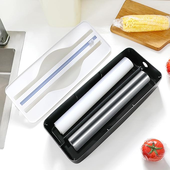 Dual-Slot Multifunctional Kitchen Cutter | For Cling Film, Aluminum Foil, and Parchment Paper Storage & Cutting | Easily Cut Two Materials at Once (Black(suckers))