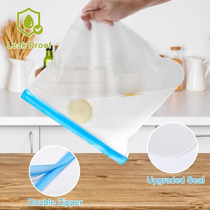 Lerine 6 Pack Reusable Gallon Freezer Bags Silicone Stand-Up Dishwasher Safe, BPA-Free Reusable Gallon Bags, Leakproof Food Storage Bags for Meat Vegetables Bread Travel (Gray)