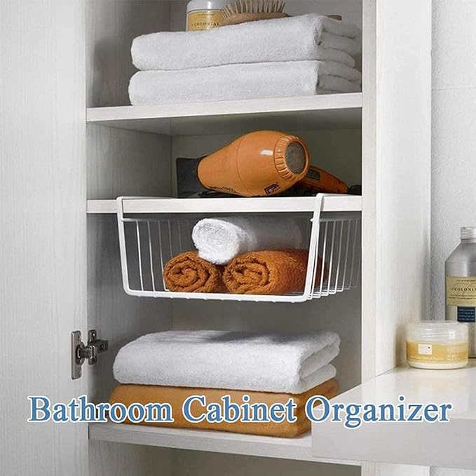 8 PACK Hanging Under Shelf Storage Basket Kitchen Cabinet Organizer Storage, Slides Under Wire Shelves for Counter Pantry Desk Bookshelf, White