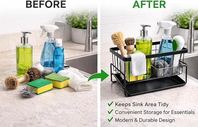 Kitchen Sink Caddy Organizer, Carbon Steel Sponge Holder with Removable Drip Tray, Countertop Storage Rack