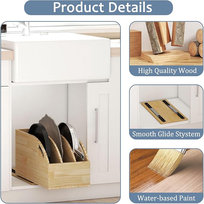 Pull Out Cookie Sheet Organizer for Cabinet, Wooden Cutting Board Organizer Rack with Vertical Tray Dividers, for Storage Pans, Baking Tray, 10.5''W X 21" D X 10.6" H