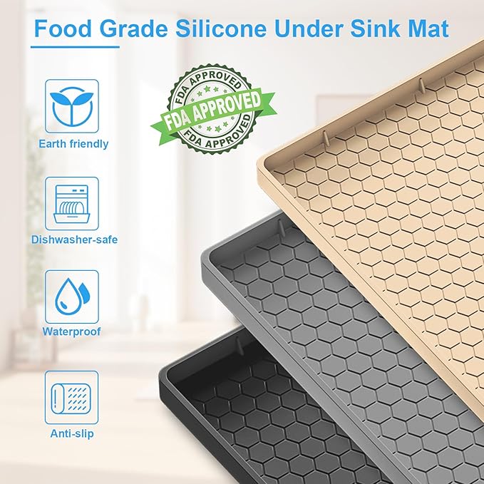 Under Sink Mat - 31" x 22" Waterproof Kitchen Cabinet Mat - Flexible Silicone Under Sink Liner - Kitchen Bathroom Cabinet Mat and Protector for Drips Leaks Spills (Black)