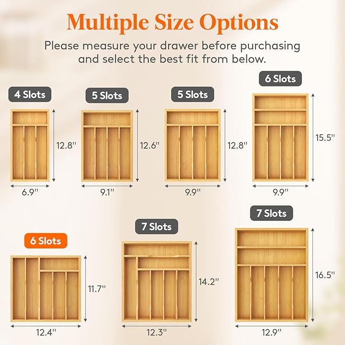 Lifewit Silverware Drawer Organizer Tray, Bamboo Cutlery Storage for Kitchen Drawer, 6 Compartment Flatware and Utensil Holder Divider for Spoons Forks Knives Tableware, Natural