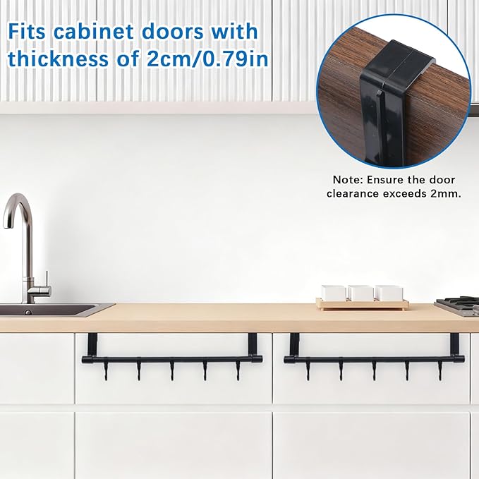 2Sets Towel Holder, Over The Cabinet Door Towel Rack with Hooks, No-Installation Organizer for Kitchen Towels and Utensils on Bathroom Pantry Doors (Black)