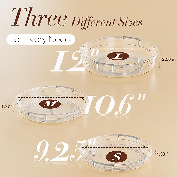 LazySpin 3 Pack Lazy Susan Organizer, Clear Lazy Susan Turntable Organizer for Cabinet, Kitchen, Refrigerator, Pantry, Bathroom, Rotating Spice Organization, 3 Size 9.25'' 10.6'' 12'', Acrylic