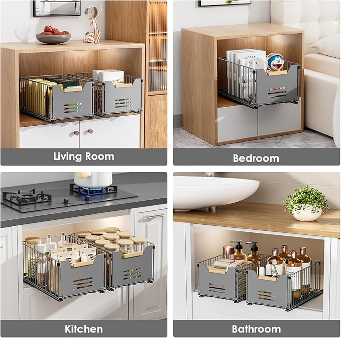 2 Pack Pull Out Cabinet Organizer, Slide Out Drawers for Cabinets, Peel and Stick, Heavy Duty Shelves for Kitchen, Cupboard, Pantry, Bathroom, Tall Style - Gray（14.76" D*9.64" W*7.48" H）