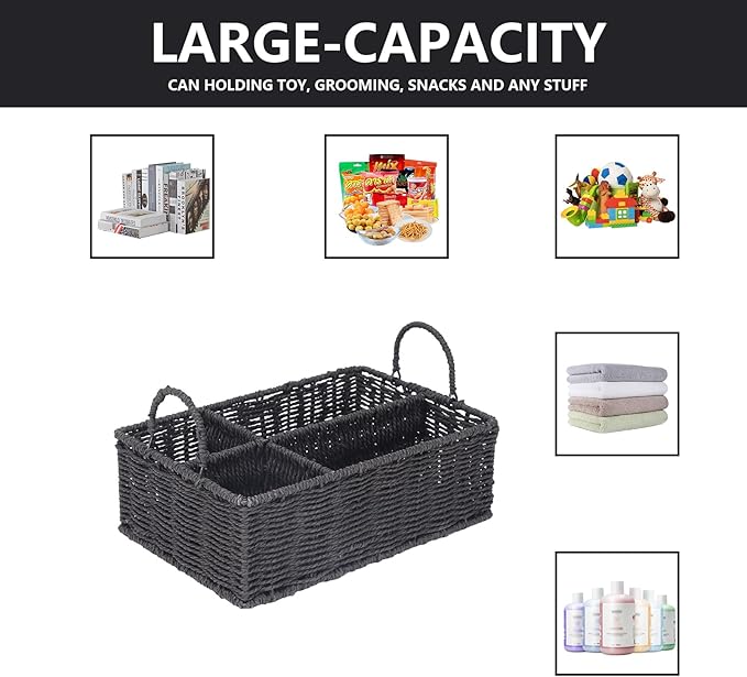 Snack Organizer for Countertop,Wicker Basket Snack Holder with with Handles,4 Compartment Snack Storage Basket for Coffee Station Organizer,Kitchen Pantry Organizers and Storage(Black)