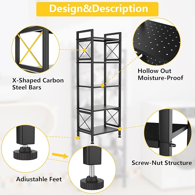 GIOTORENT 5-Tier Industrial Metal Bookcase, Narrow Bookshelf for Bedroom & Living Room - Tall Storage Shelf for Books Movies CDs, 16.8" W x 12.8" D x 53.8H, Black