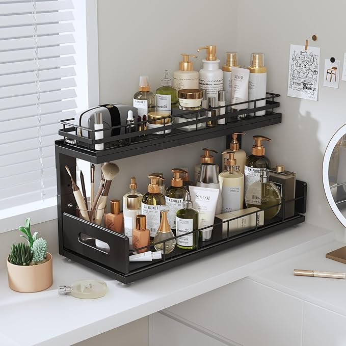 1 Pack 18 IN Depth Under Sink Organizer with Smooth Ball Bearing Slides,2-Tier Pull Out Cabinet Storage,Slide Out Drawers for Bathroom&Kitchen,Rust-resistant Coating,Height Adjustable-Black