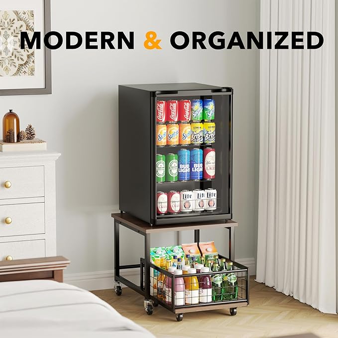 SpaceAid Mini Fridge Stand with Storage, 19.7" W x 19.7" D Heavy Duty Mobile Refrigerator Shelf Stand Table with Wheels, Fridge Cart Organizer with Drawer Basket for Home Dorm Office (Brown Wood)
