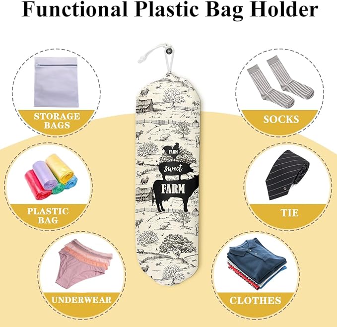 Grocery Bag Holder and Dispenser Cow Rooster Pig Plastic Bags Organizer Garbage Shopping Trash Bags Storage for Kitchen Farmhouse Home Decor Gifts for Women Mom Grandma