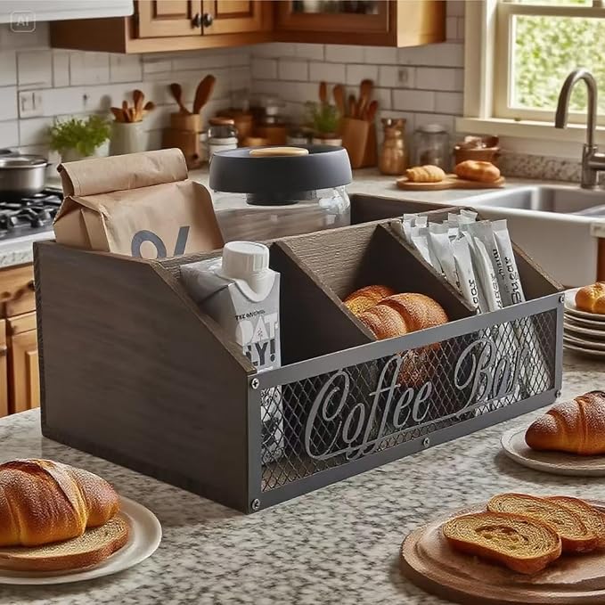 Coffee Station Organizer for Countertop, Wood Coffee Bar Organizer, Coffee Pods Holder Storage Box, Rustic Bar Accessories for Decor, Syrup and Tea Condiment (Brown)