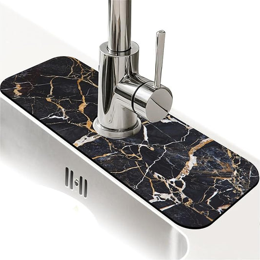 Kitchen Sink Splash Guard，Black marble with yellow and white Faucet Mat Sink Gadgets-Super Absorbent Fast Drying Mat Drip Catcher for Kitchen, Bathroom,Sink Mat, Dish Drying Mat, Bathroom(15" X 5.5" )
