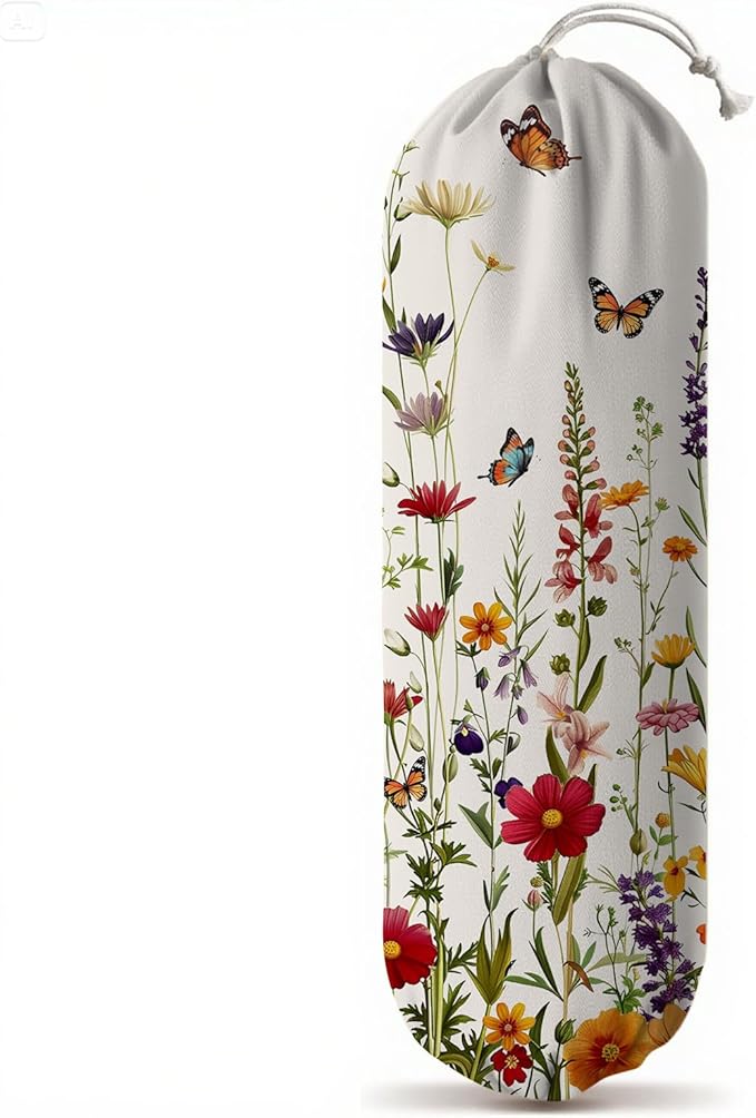Plastic Bag Holder, Grocery Bag Organizer Storage, Kitchen Dispenser Holders Reusable Shopping with Adjustment Drawstring Closure for Kitchen Farmhouse Decor, Flower and Butterfly