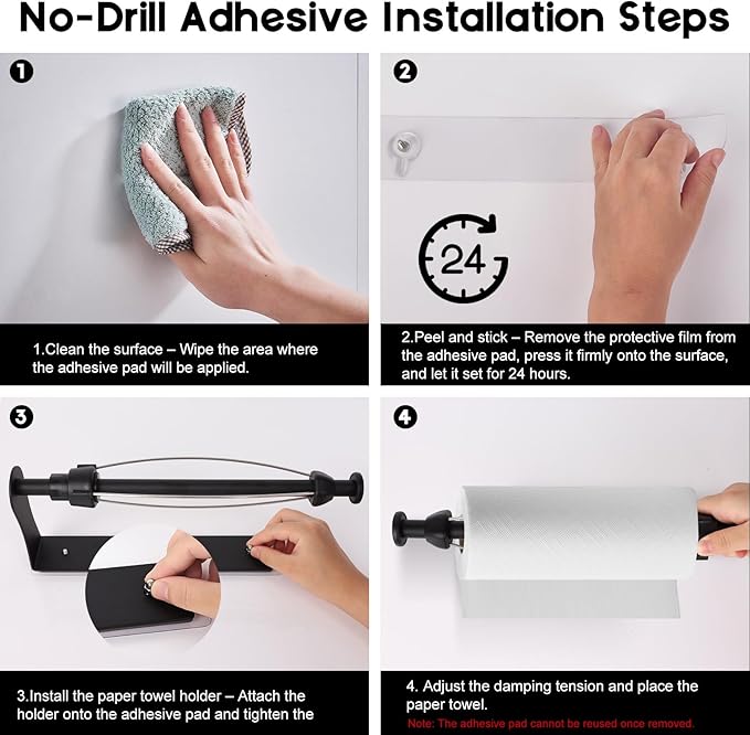 Magnetic Paper Towel Holder with Adjustable Damping, One Hand Tear, Smooth Tension Control, Strong Magnet & Self Adhesive Wall Mount, No Drilling for Kitchen, Fridge, RV, Garage, Grill (Black)