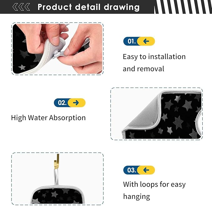 2 PCS Kitchen Sink Splash Guard 23.6 Inch Faucet Mat for Kitchen Sink Bathroom Sink Faucet Absorbing Drip Drain Mat Pad Microfiber Soft Washable Black and Blue Stars
