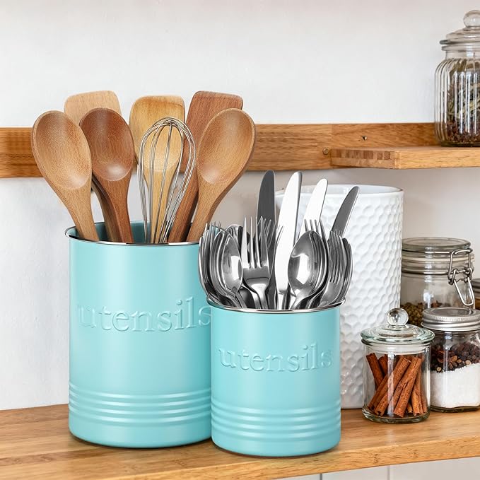 2 Pack Kitchen Utensil Holder for Counter 6.7"+4.7" Farmhouse Cooking Utensil Crock with Cork Bottom Modern Farmhouse Decors Countertop Storage Organizer Caddy Housewarming Gift(Turquoise)