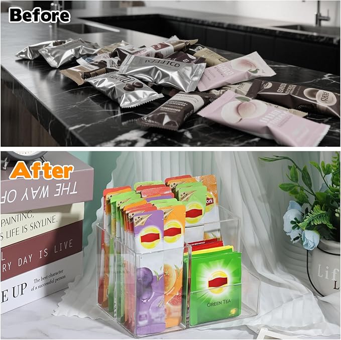Water drink Packet Holder, Drink Packet Organizer, Water Flavor Packet Storage Container, Acrylic Water Flavor Storage Basket with Dividers for Storage Bins for Refrigerator Pantry Bins Cabinets