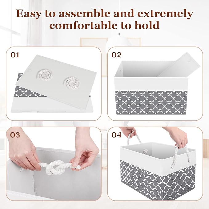 Storage Bin,Collapsible Storage Basket For Organizing,Large Storage Boxes With Rope Handles,Storage Containers,Clover Grey,4 Pack