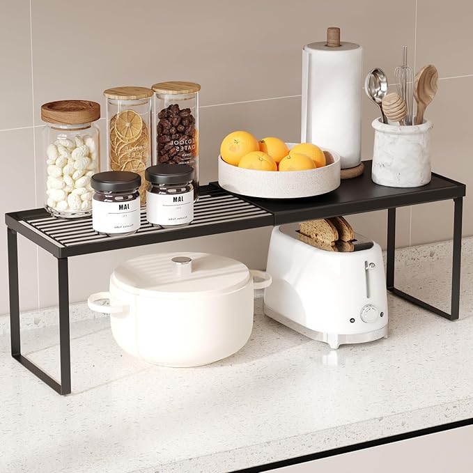 Expandable Cabinet Shelf Organizer, 1 Pack Stackable Kitchen Counter Shelf Riser, Metal Spice Rack Adjustable Heavy Duty Countertop Organizer Storage for Kitchen, Pantry, Cupboard, Rv (Black)