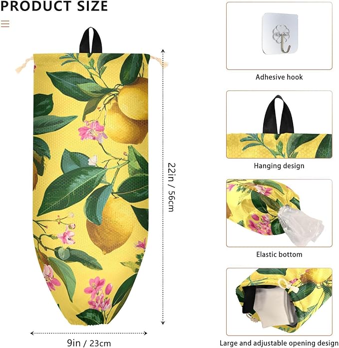 Plastic Bag Holder Wall Mount Grocery Bag Shopping Bag Storage Holder Organizer Dispenser with Adhesive Hook,for Kitchen Bathroom Home Decor 9x22 Inches Lemons and Floral Pink14