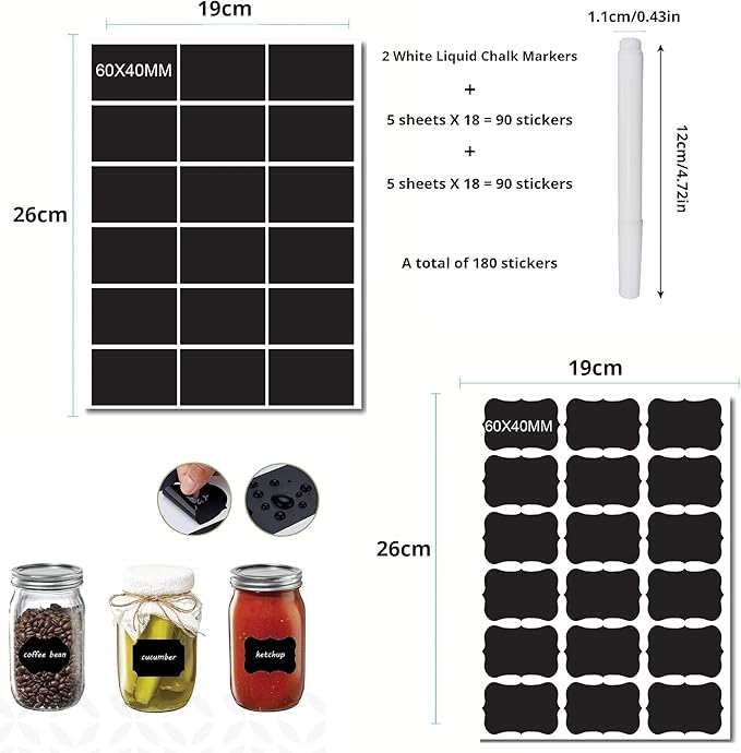 Chalkboard Labels for Food containers, 180 Pcs Label Stickers with 2 White Liquid Chalk Markers, Waterproof Reusable Bottle Labels for Jars, Storage Bins