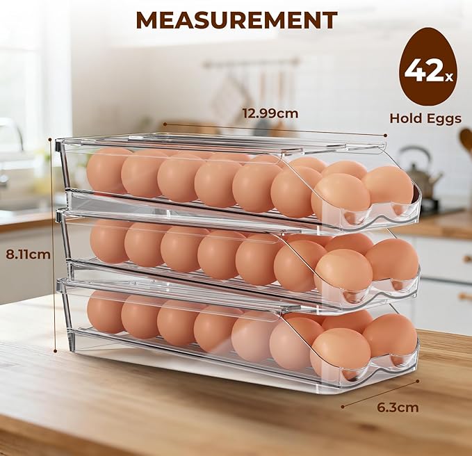 BOBELA Egg Holder for Fridge,Automatic Rolling Egg Container for Refrigerator,Clear Stackable Egg Organizer with Removable Lid for Fridge Organizers and Storage,3 pack